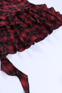 Y2K Aesthetic Backless Mini Dress with Irregular Plaid and Zip-Up Halter Design