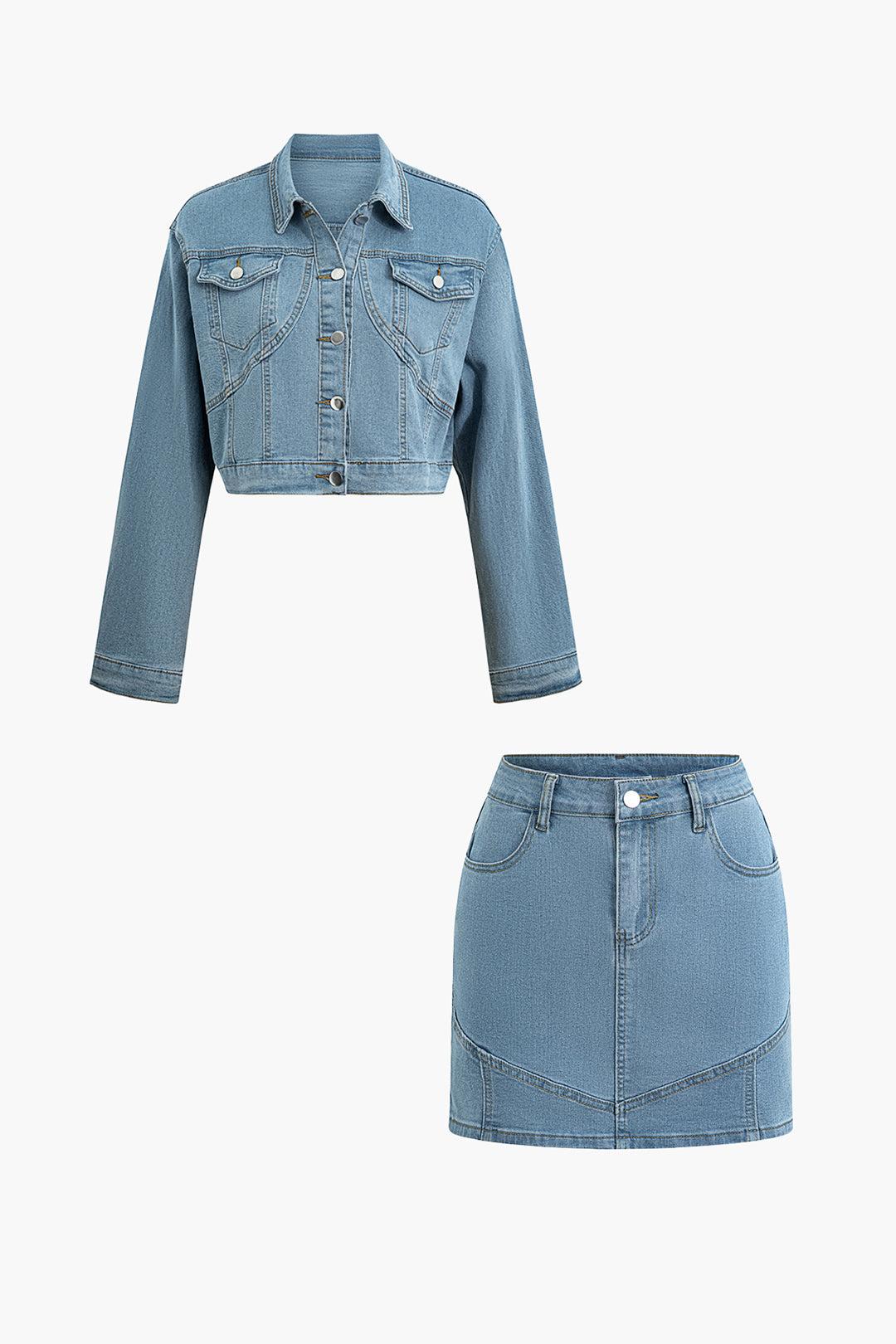 Y2K Aesthetic Collared Flap Pocket Denim Crop Jacket & Mini Skirt Set for Trendy Outfits