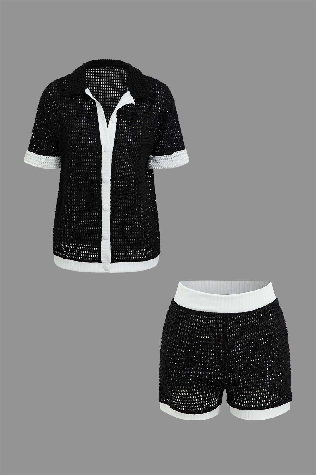 Y2K Aesthetic Contrast Collared Button-Up Open Knit Shirt & Shorts Set for Trendy Outfits