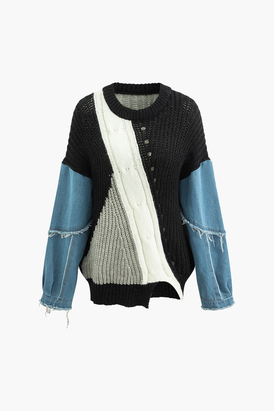 Y2K Aesthetic Contrast Denim Stitching Round Neck Sweater for Trendy Outfits