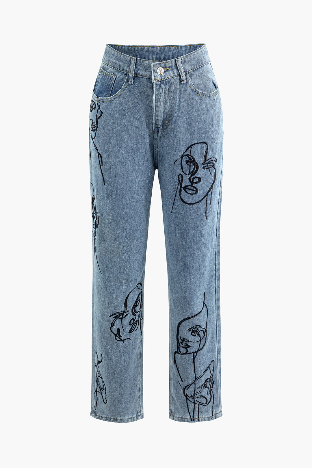 Y2K Aesthetic Face Embroidery Straight Leg Jeans for Trendy and Unique Style