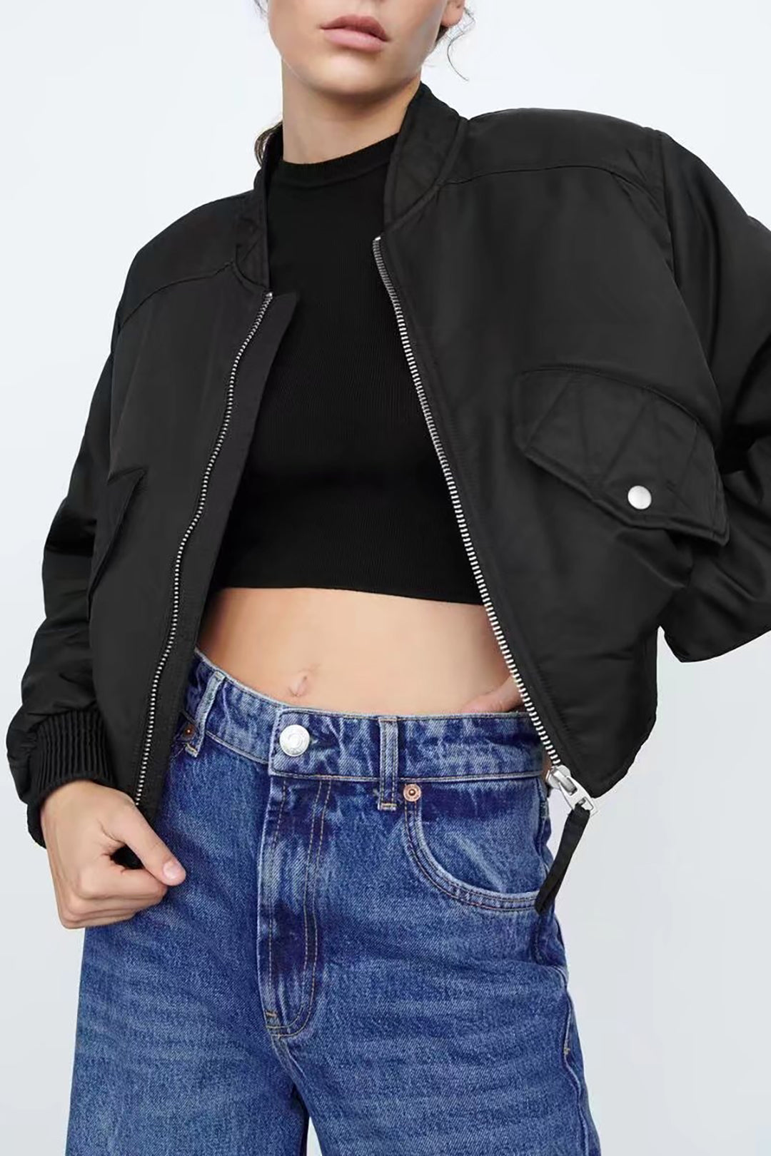 Y2K Aesthetic Flap Pocket Zip-Up Bomber Jacket for Trendy Grunge and Coquette Outfits