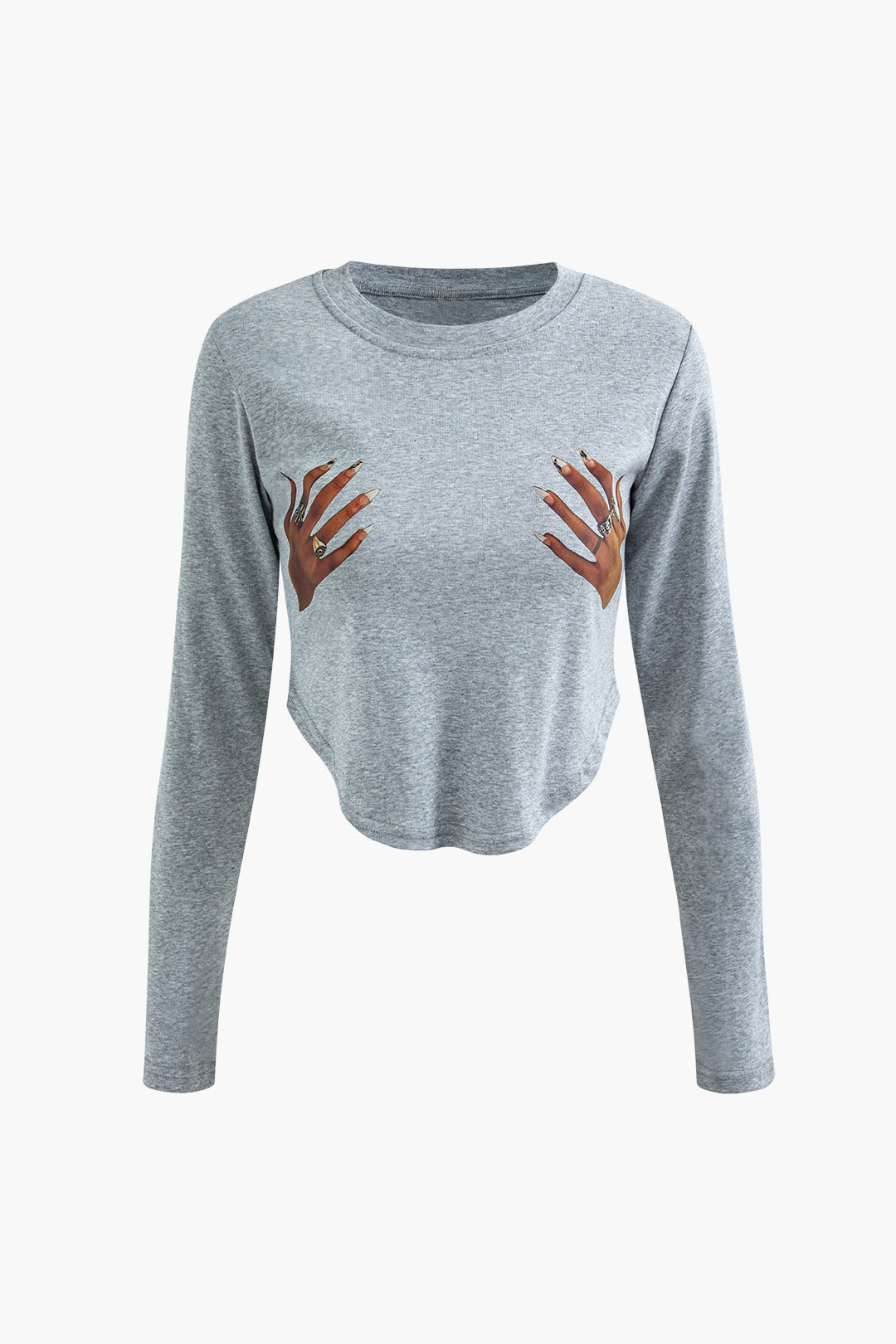 Y2K Aesthetic Hands Print Long Sleeve Top with Trendy Curve Hem for Stylish Outfits