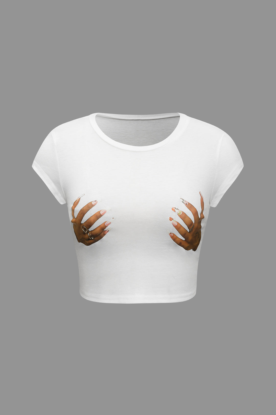 Y2K Aesthetic Hands Print Round Neck Crop Top - Trendy Cute Tee for Stylish Outfits