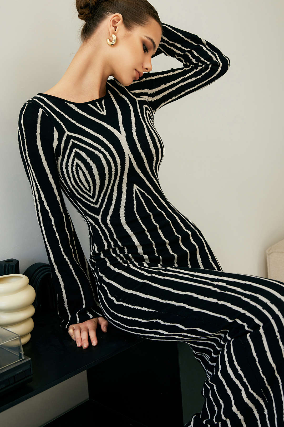 Y2K Aesthetic Line Pattern Round Neck Knit Maxi Dress for Trendy Coquette Style