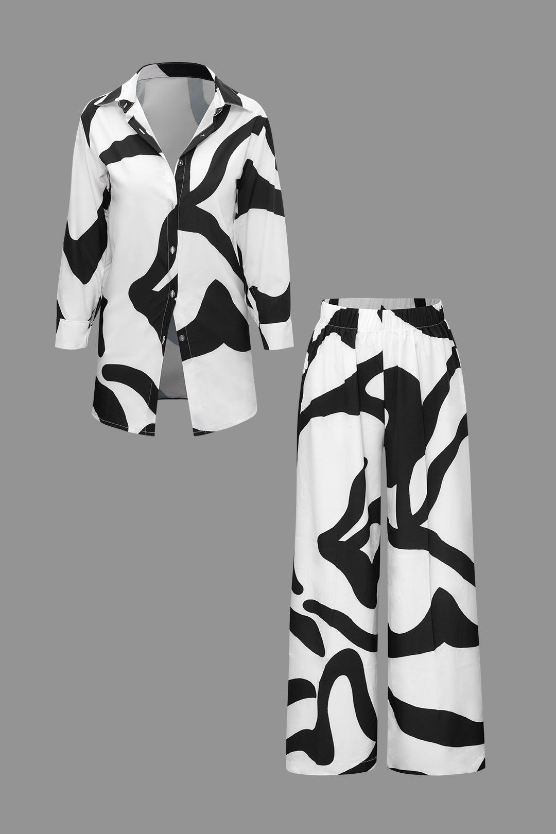 Y2K Aesthetic Line Print Button-Up Shirt & High Waist Wide Leg Pants Set for Trendy Outfits