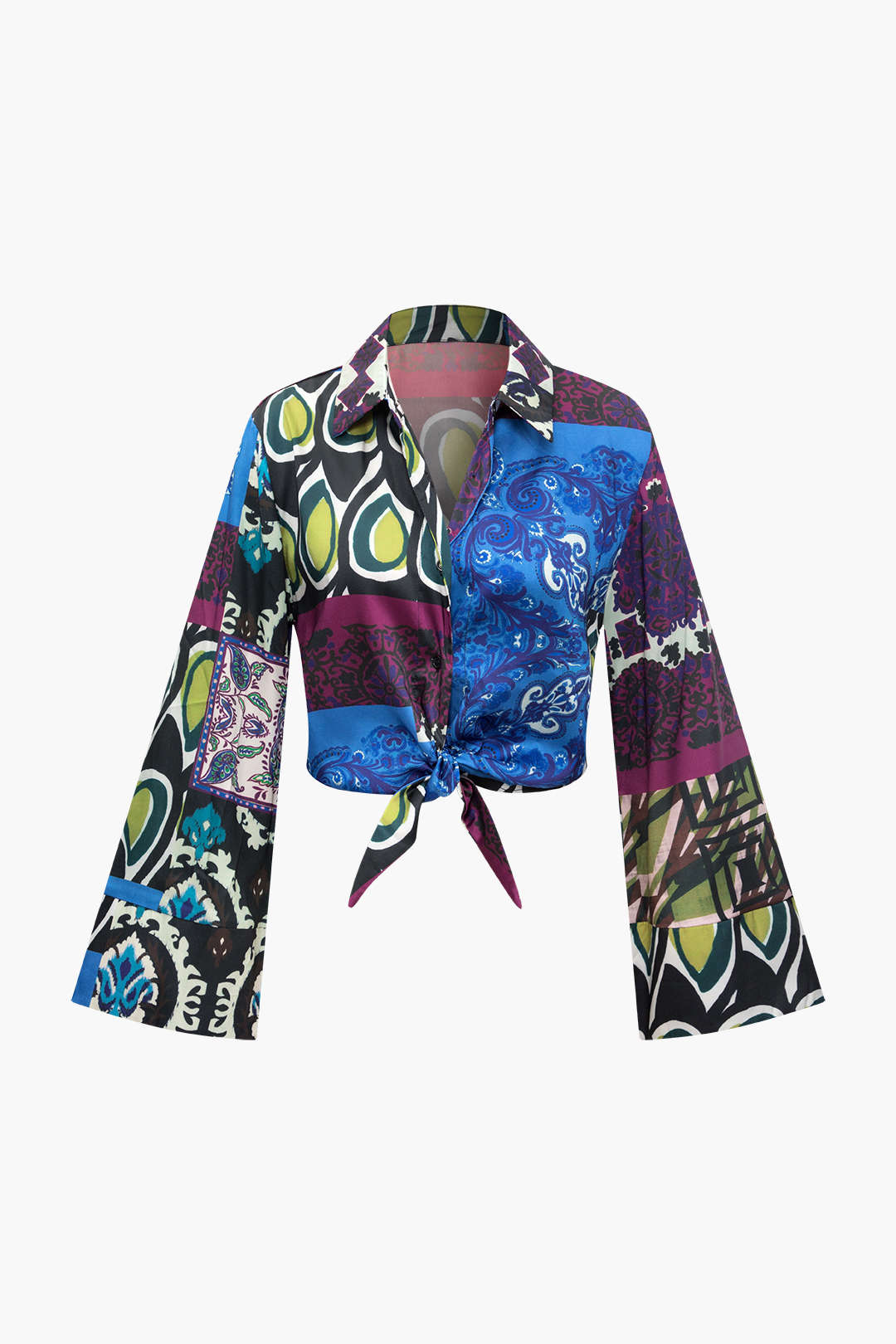 Y2K Aesthetic Printed Patchwork Flare Sleeve Button-Up Shirt for Trendy Outfits