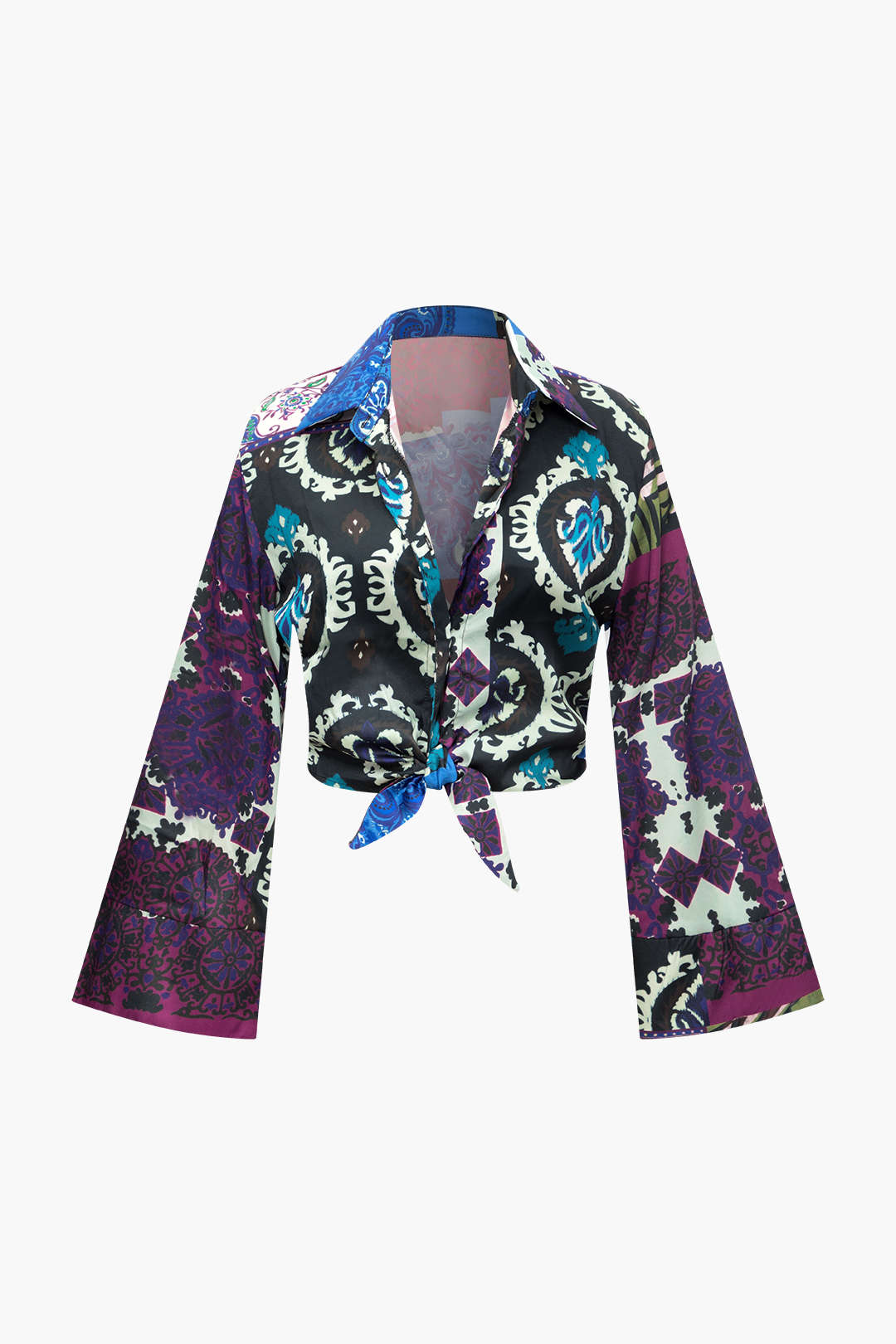 Y2K Aesthetic Printed Patchwork Flare Sleeve Button-Up Shirt for Trendy Outfits