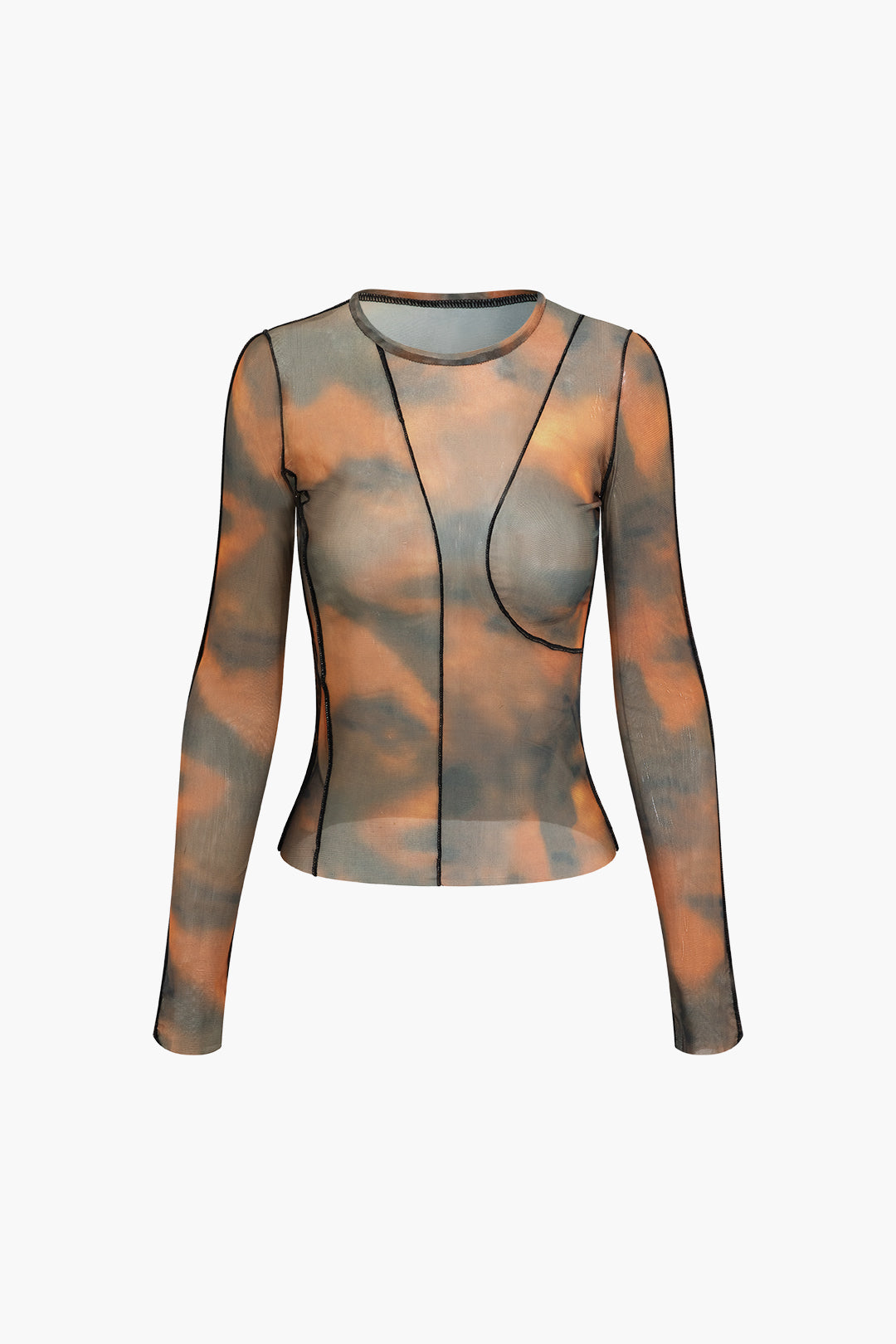 Y2K Aesthetic Tie Dye Stitching Round Neck Mesh Long Sleeve Top for Trendy Outfits