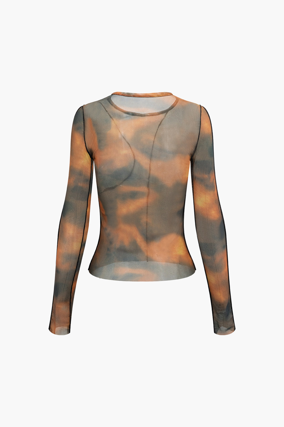 Y2K Aesthetic Tie Dye Stitching Round Neck Mesh Long Sleeve Top for Trendy Outfits