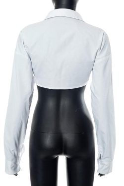 Y2K Aesthetic Turnover Collar Button Long Sleeve Solid Crop Top for Trendy Outfits