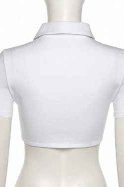 Y2K Aesthetic Turnover Collar Buttoned Solid Crop Top for Trendy Coquette Style