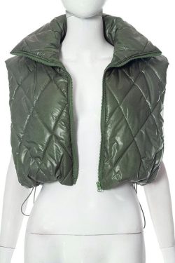 Y2K Aesthetic Turnover Collar Zip-Up Sleeveless Coat Top with Drawstring Detail