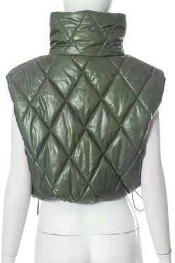 Y2K Aesthetic Turnover Collar Zip-Up Sleeveless Coat Top with Drawstring Detail