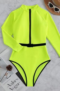 Y2K Aesthetic Zip-Up Contrast Long Sleeve Belted One-Piece Swimsuit for Trendy Looks