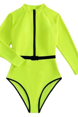 Y2K Aesthetic Zip-Up Contrast Long Sleeve Belted One-Piece Swimsuit for Trendy Looks