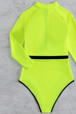 Y2K Aesthetic Zip-Up Contrast Long Sleeve Belted One-Piece Swimsuit for Trendy Looks