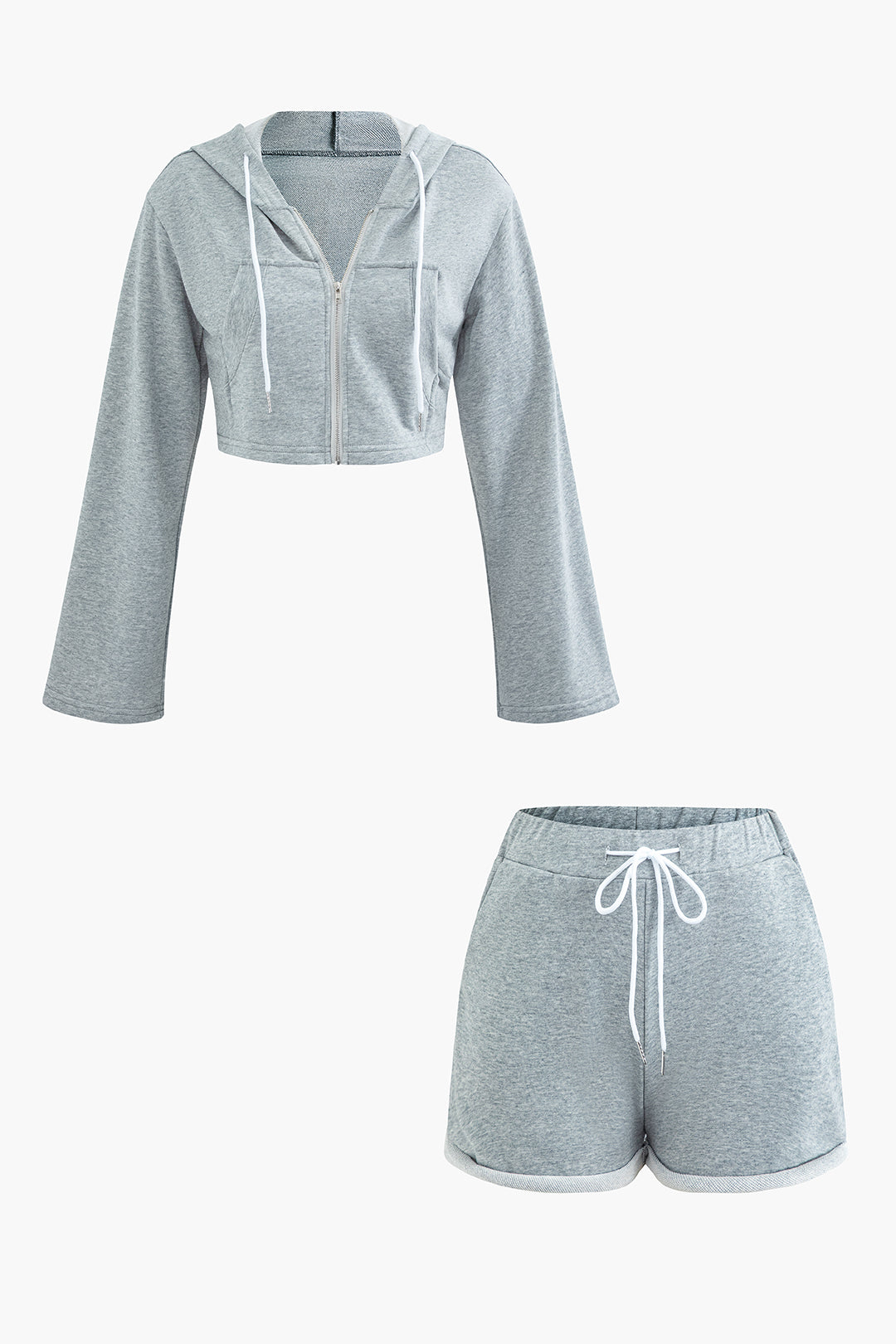 Y2K Aesthetic Zip-Up Crop Hoodie & Drawstring Rolled Hem Shorts Set for Trendy Outfits