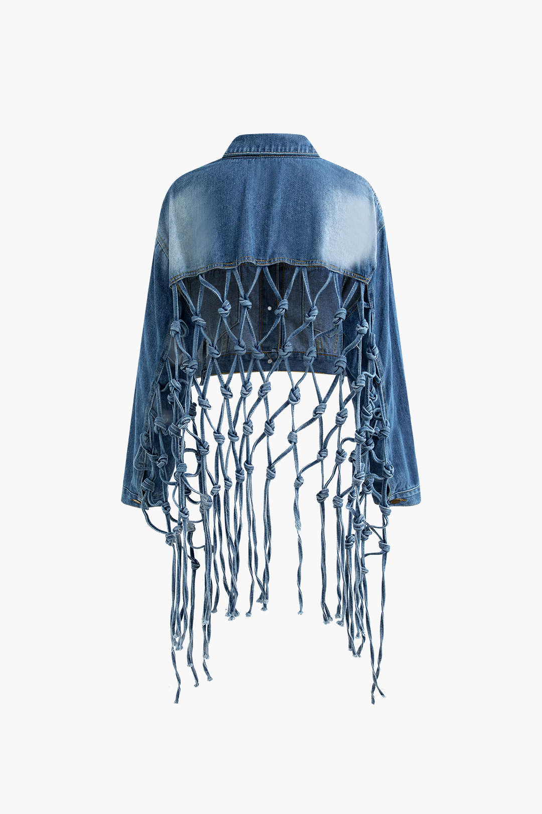 Y2K Braided Tassel Faded Denim Jacket for Trendy Coquette and Grunge Aesthetic Styles