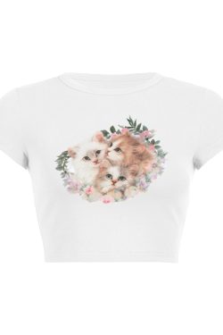 Y2K Cat Printed Vintage Crop Top - Cute Aesthetic Tee for Coquette and Grunge Styles