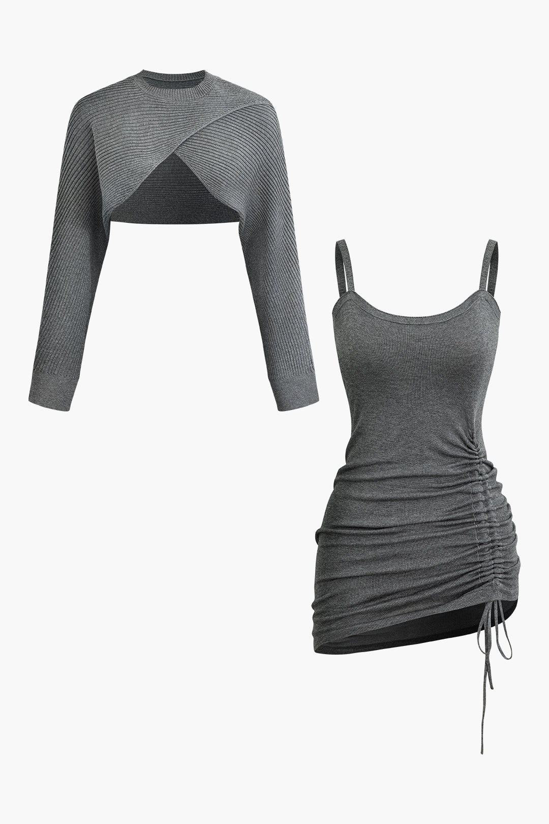 Y2K Cross Cut Out Crop Top & Asymmetrical Drawstring Mini Dress Set for Trendy Aesthetic Outfits