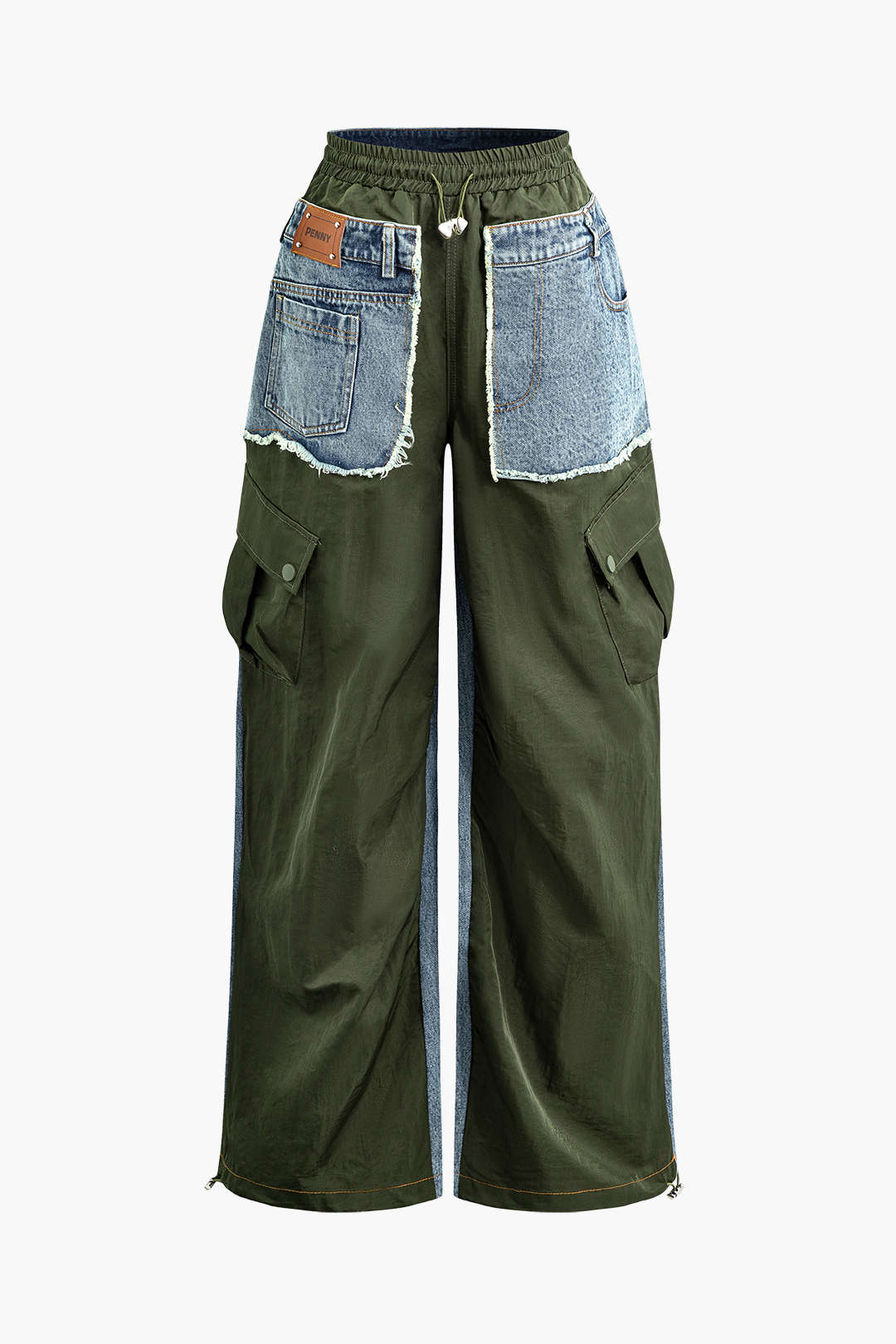 Y2K Denim Patchwork Cargo Pants with Flap Pockets and Drawstring for Trendy Aesthetic Style