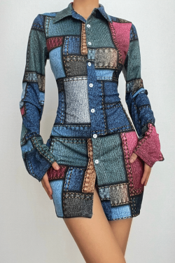 Y2K Denim Print Contrast Button Mini Dress with Turnover Collar for Trendy Aesthetic Style