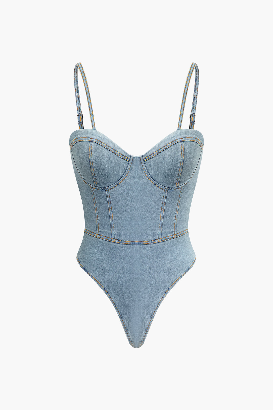 Y2K Denim Strap Bustier Bodysuit - Trendy Grunge Aesthetic Top for Stylish Outfits