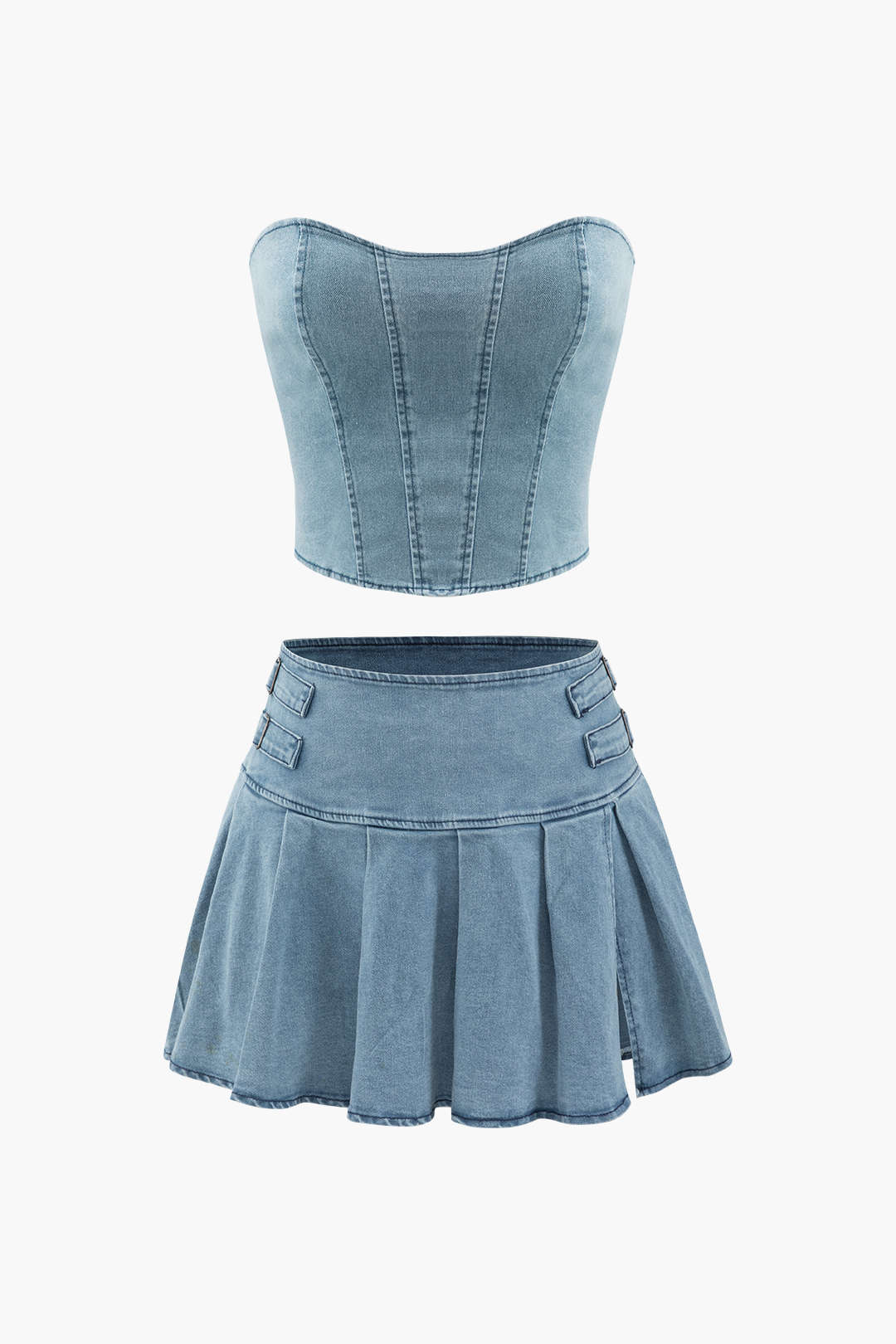 Y2K Denim Strapless Top with Pleated Mini Skirt Set for Trendy Aesthetic Outfits