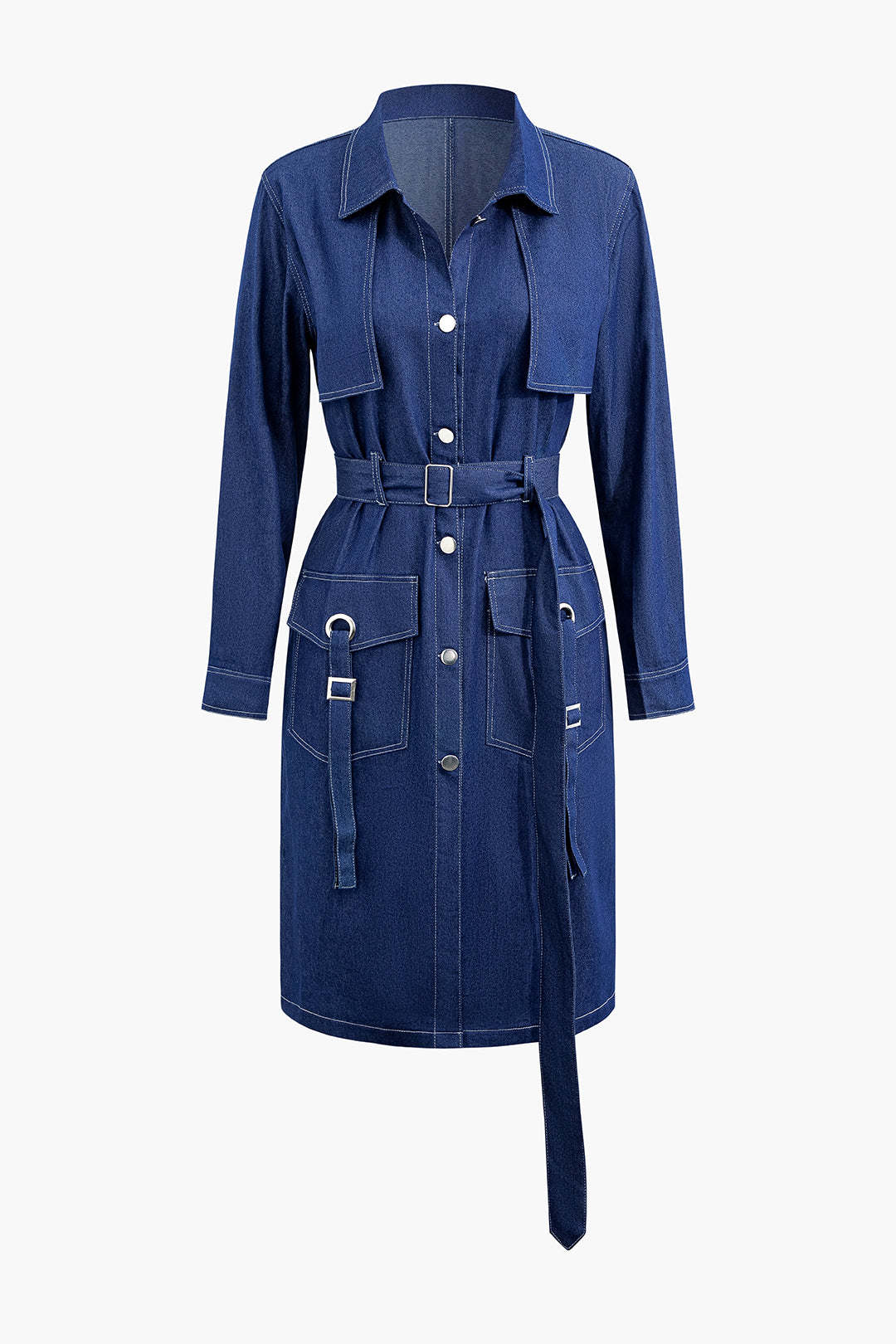 Y2K Denim Topstitching Flap Pocket Trench Coat with Belt for Trendy Aesthetic Outfits