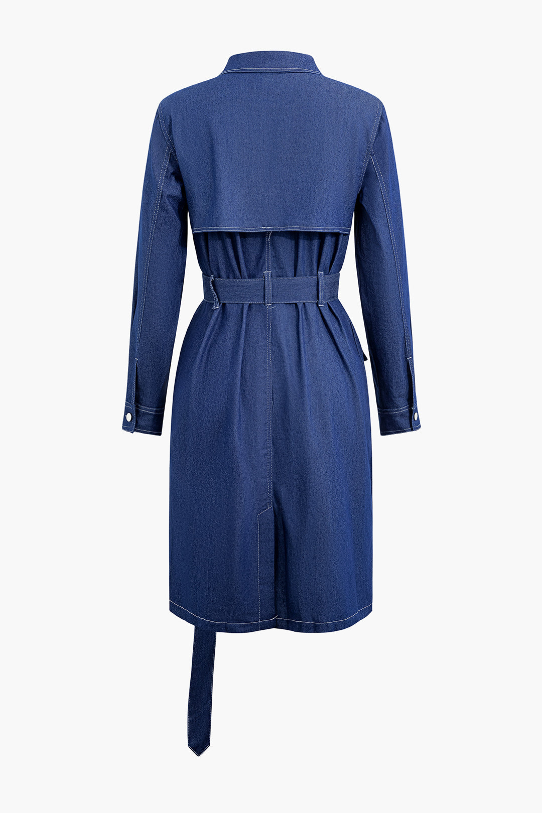 Y2K Denim Topstitching Flap Pocket Trench Coat with Belt for Trendy Aesthetic Outfits