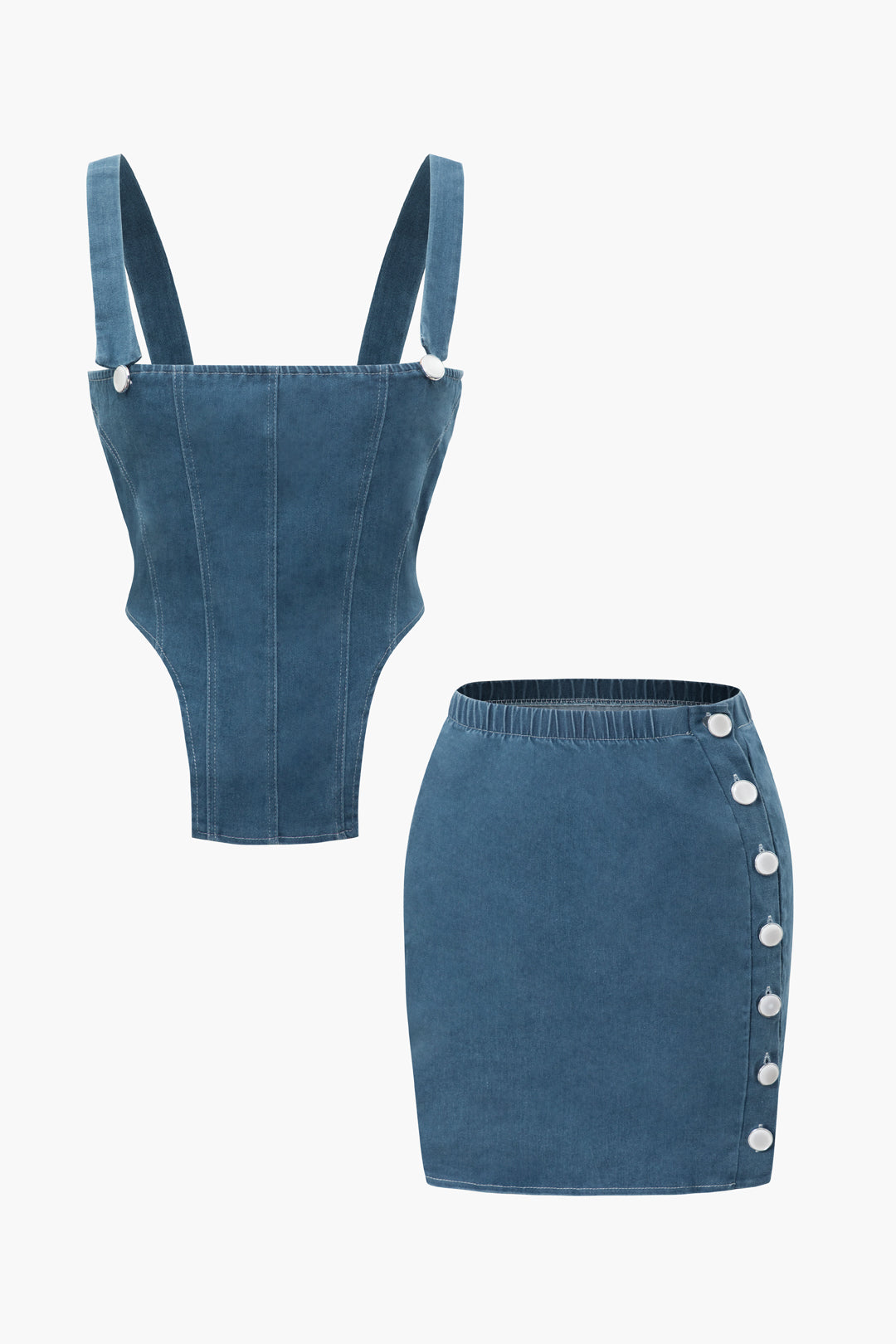 Y2K Denim V-Shaped Cami Top & Button Mini Skirt Set for Trendy Aesthetic Outfits