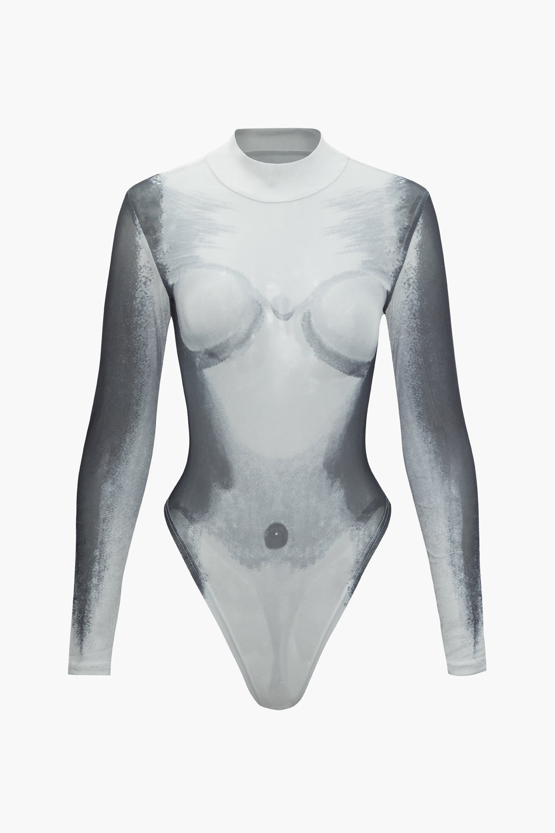 Y2K Fashion Body Print Mesh Long Sleeve Bodysuit for Trendy Aesthetic Outfits