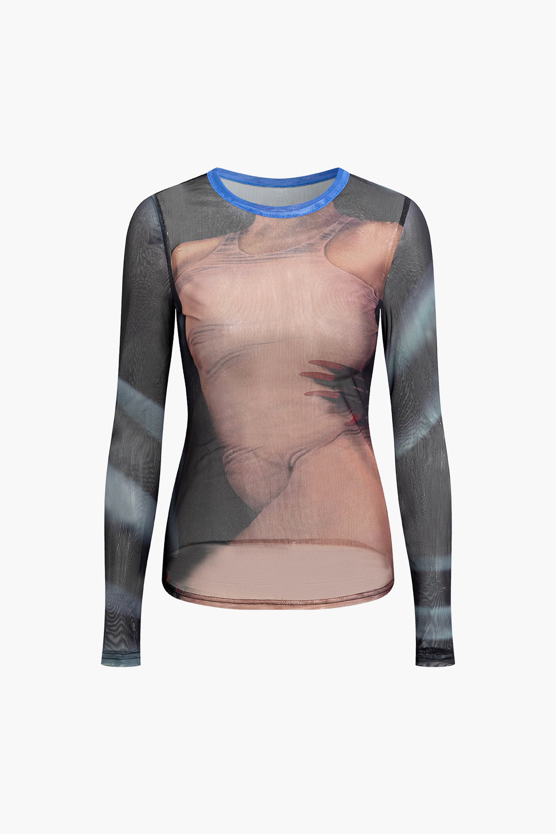 Y2K Fashion Body Print Mesh Long Sleeve Top - Trendy Grunge Aesthetic Cute Top