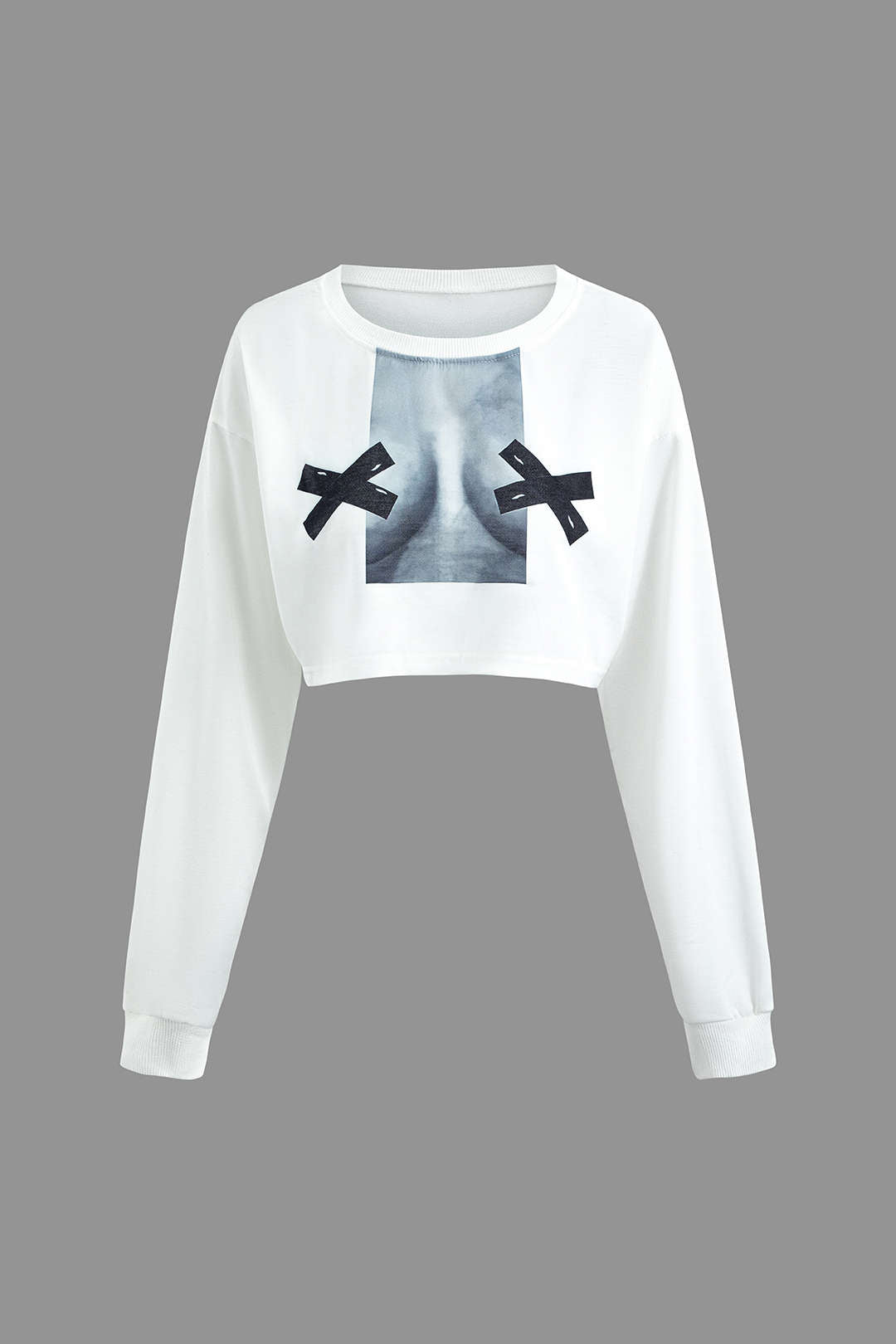 Y2K Fashion Body Print Round Neck Long Sleeve Crop Top - Trendy Aesthetic Style