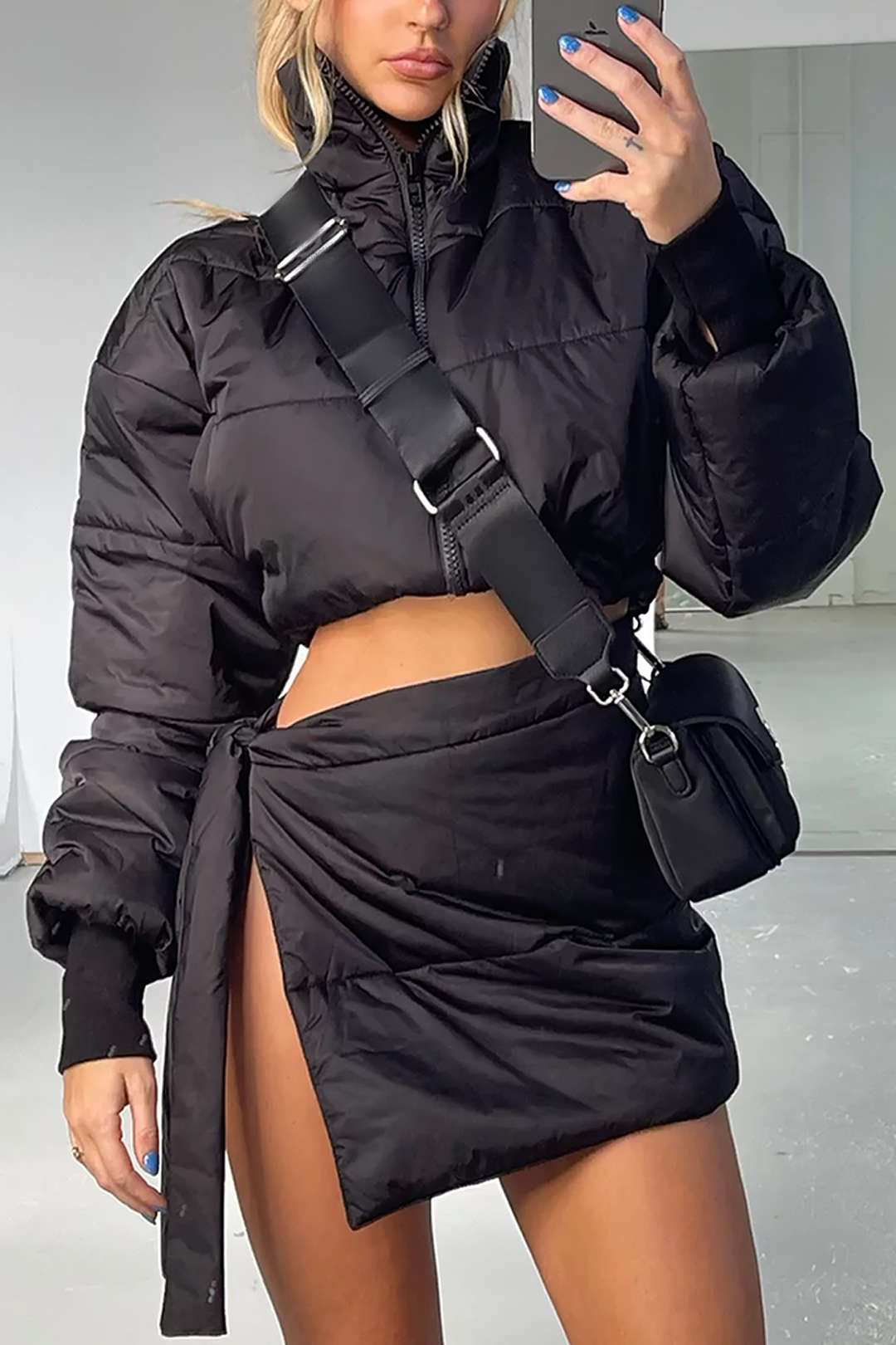 Y2K Fashion Stand Collar Zipper Puffer Crop Coat with Tie Wrap Mini Skirt Set