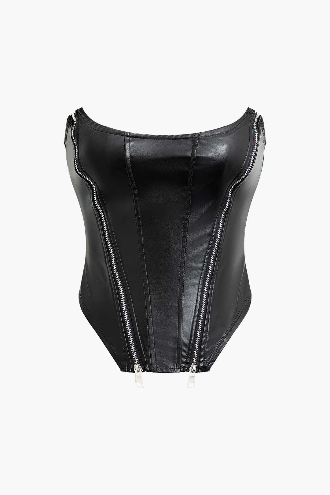 Y2K Faux Leather Zipper Tube Top - Edgy Grunge Style for Aesthetic Outfits