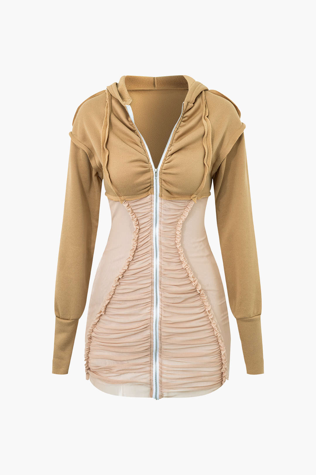 Y2K Frill Detail Ruched Zip-Up Hooded Mini Dress for Coquette and Grunge Aesthetic