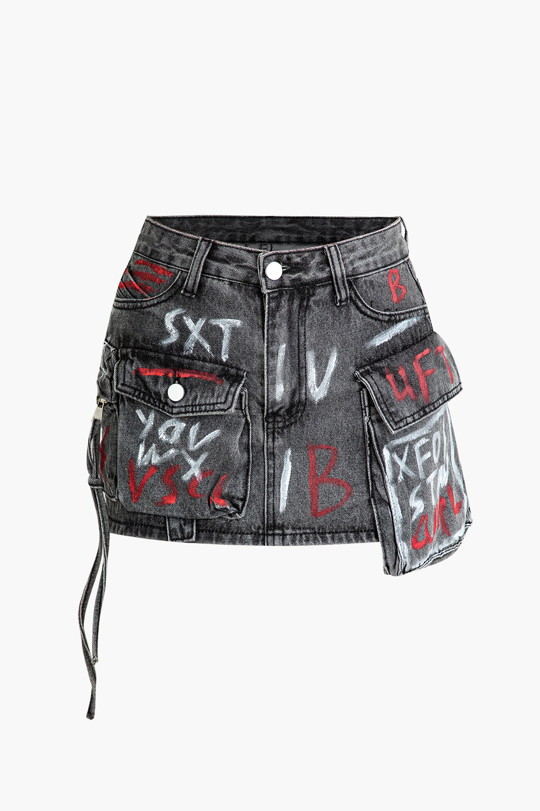 Y2K Graffiti Flap Pocket Denim Mini Skirt - Trendy Grunge Aesthetic for Stylish Outfits