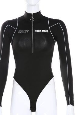 Y2K Grunge Style Zip-Up 'ROCK' Pattern High Neck Long Sleeve Bodysuit for Aesthetic Outfits