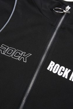 Y2K Grunge Style Zip-Up 'ROCK' Pattern High Neck Long Sleeve Bodysuit for Aesthetic Outfits