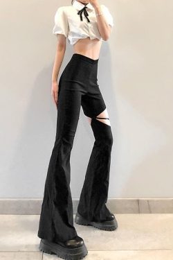 Y2K Hollow Out Flared Pants - Trendy Solid Design for Grunge and Coquette Aesthetic