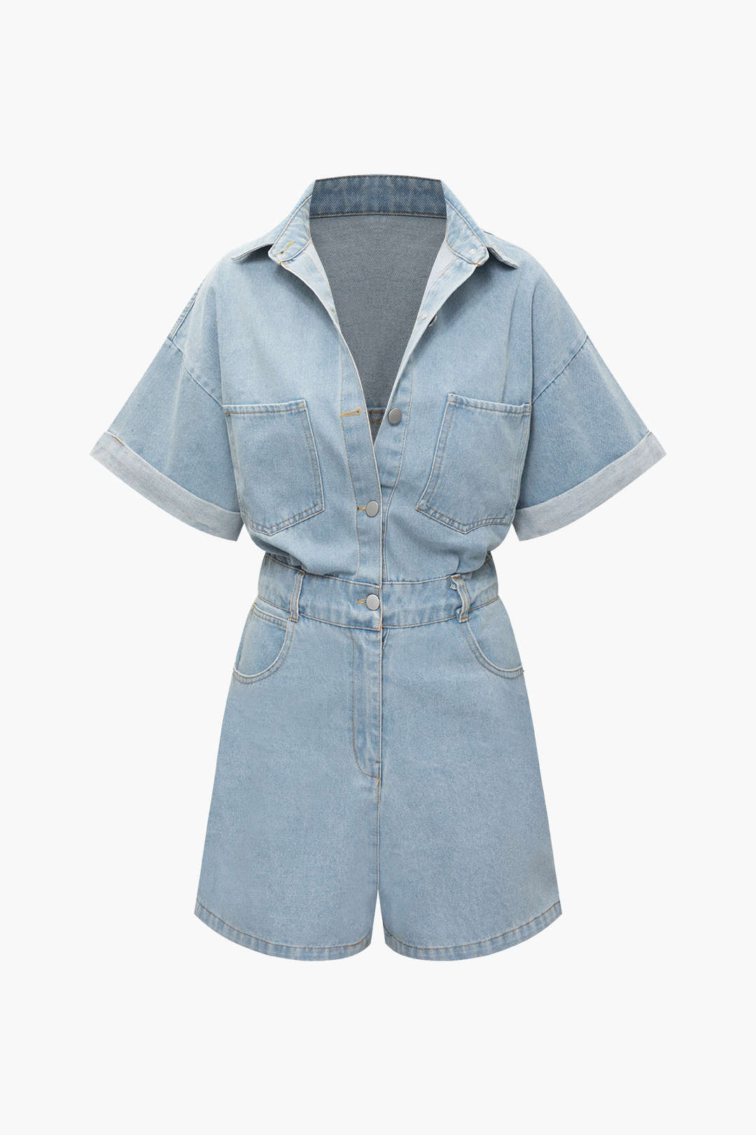 Y2K Multi Pocket Denim Jumpsuit with Rolled Cuffs for Trendy Aesthetic Outfits