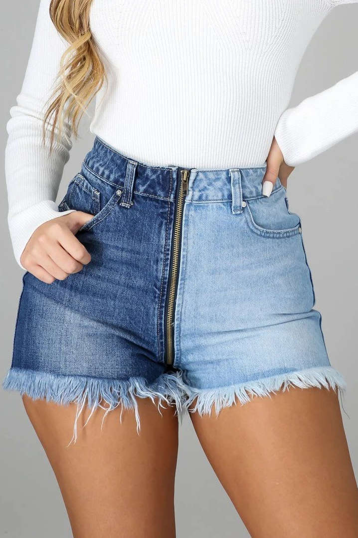 Y2K Patchwork Fringe Hem Zipper Denim Shorts for Trendy Aesthetic Outfits