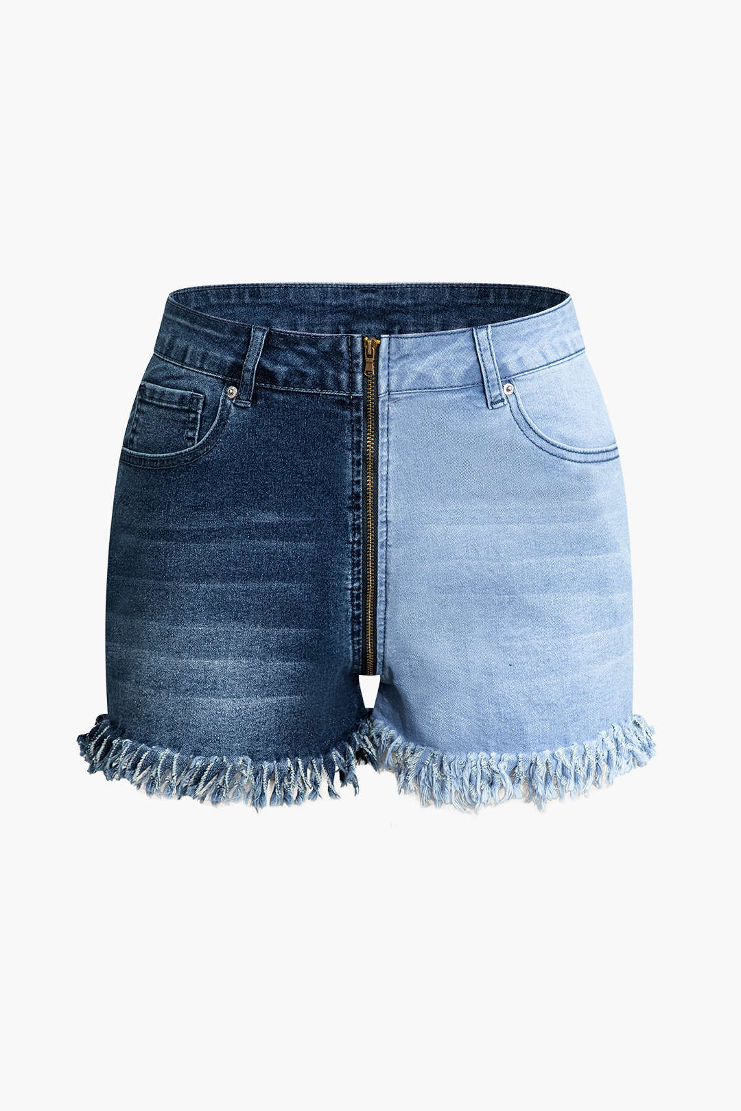 Y2K Patchwork Fringe Hem Zipper Denim Shorts for Trendy Aesthetic Outfits