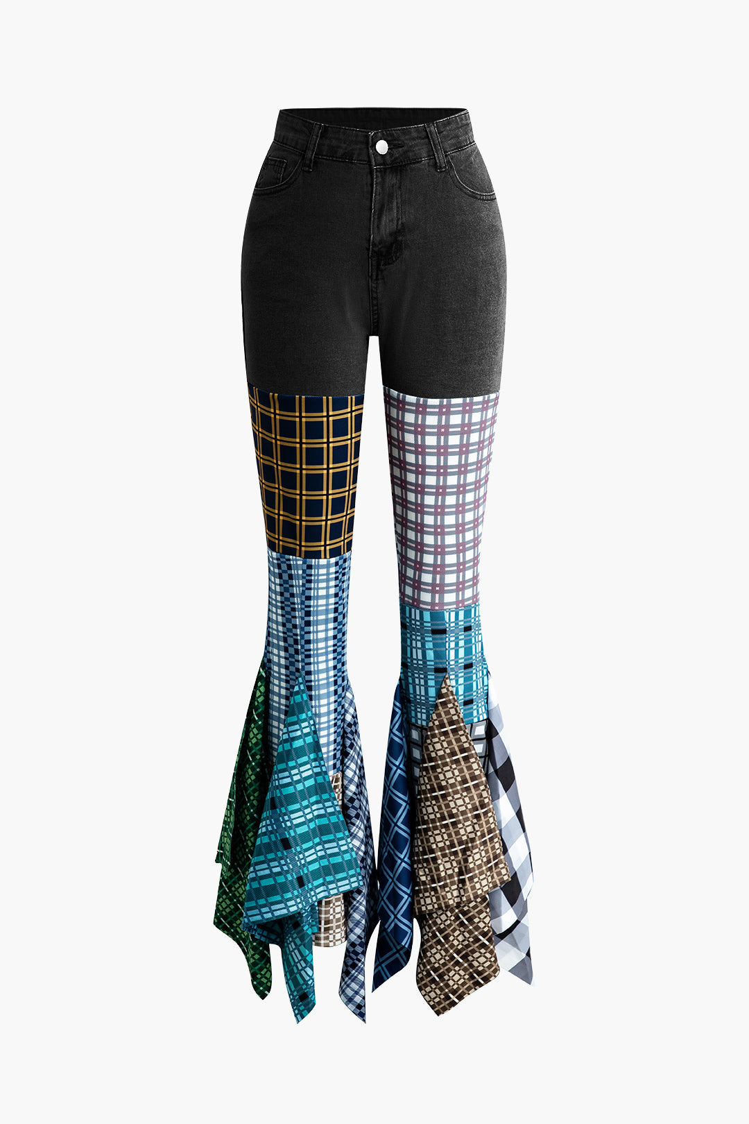 Y2K Patchwork Plaid Flare Leg Jeans for Trendy Grunge Aesthetic Outfits