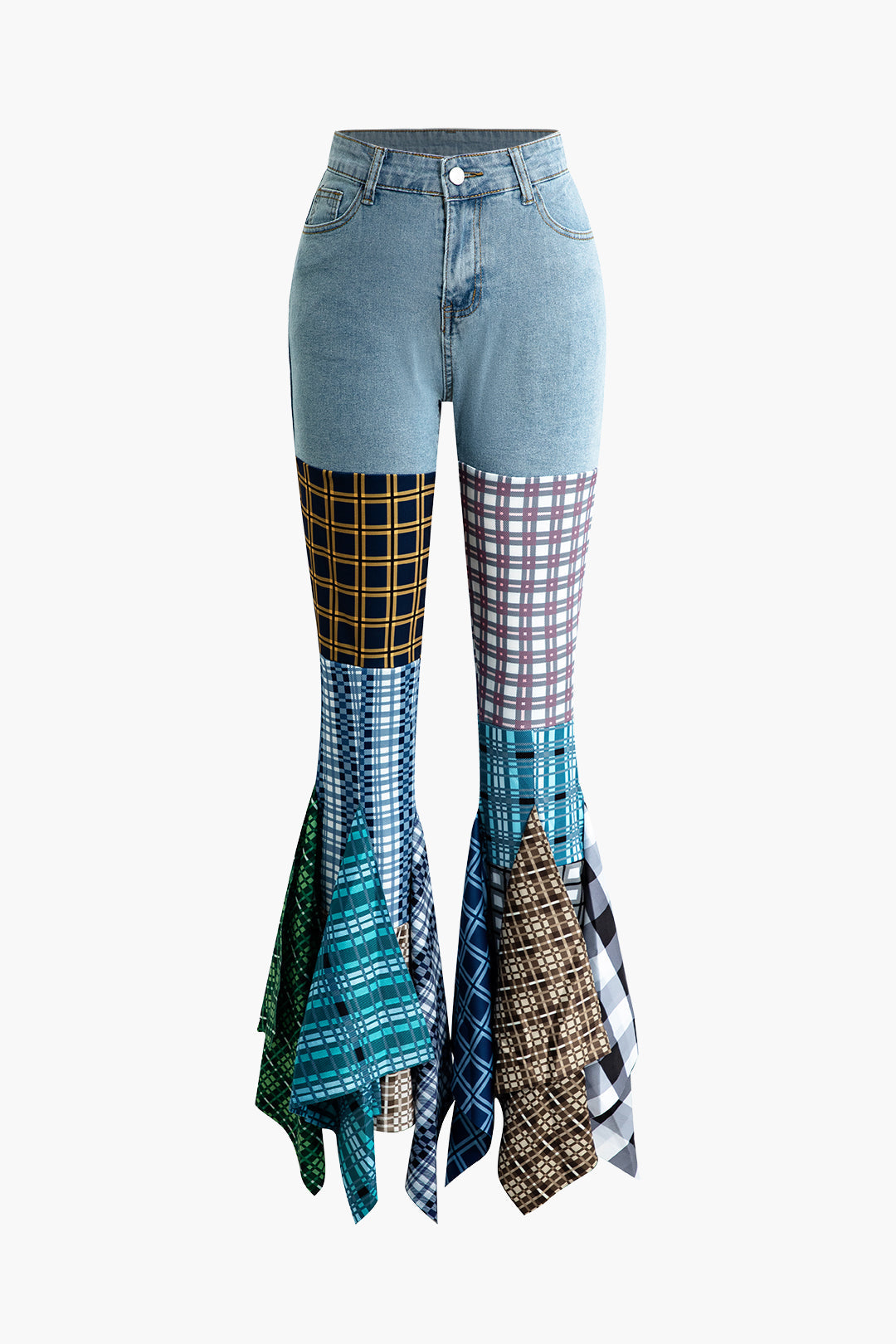 Y2K Patchwork Plaid Flare Leg Jeans for Trendy Grunge Aesthetic Outfits