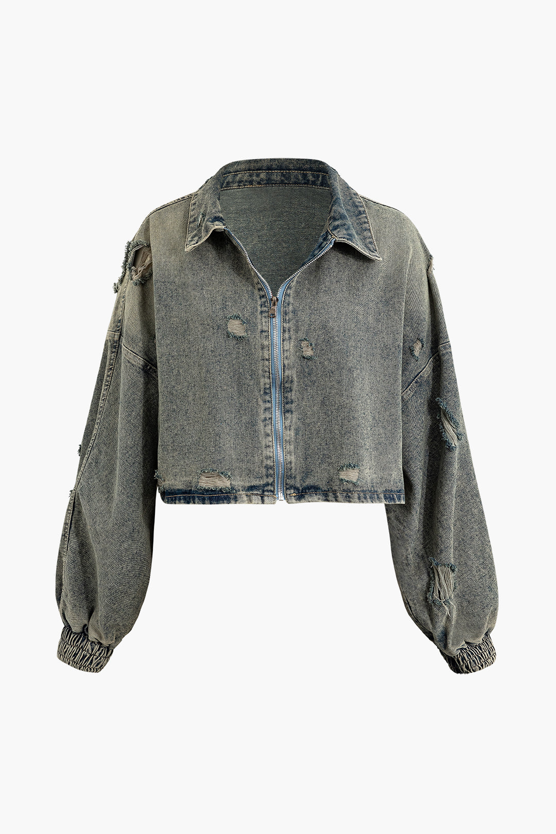 Y2K Ripped Zipper Crop Denim Jacket for Trendy Grunge Aesthetic Outfits