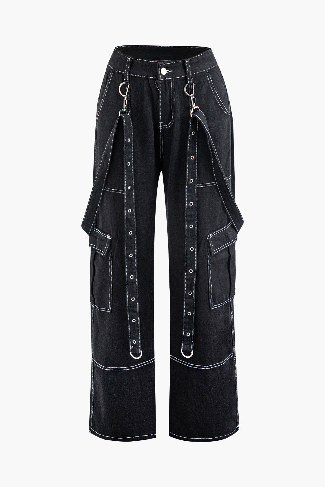 Y2K Straight Leg Flap Pocket Jeans with Eyelet Tie for Trendy Aesthetic Outfits