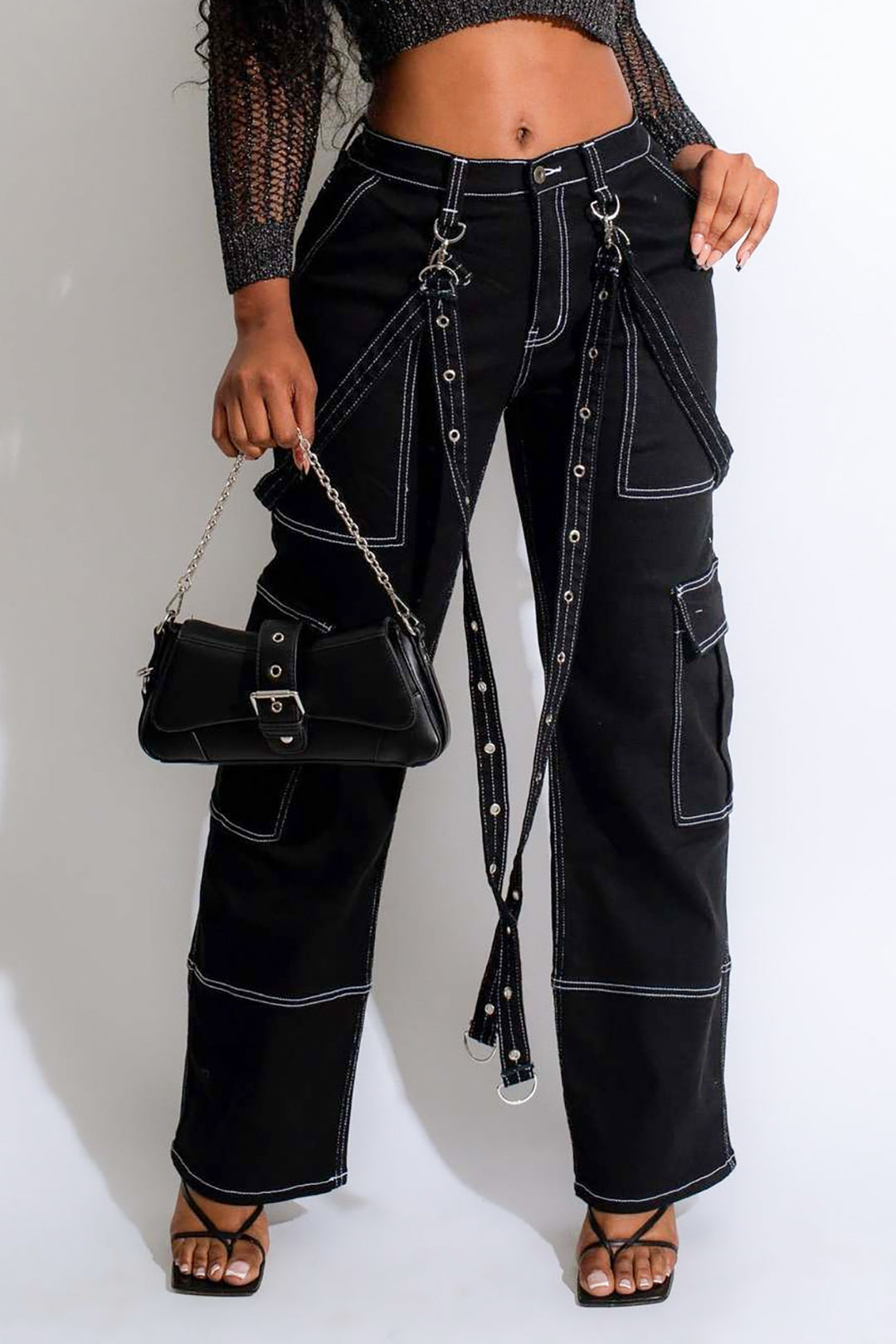 Y2K Straight Leg Flap Pocket Jeans with Eyelet Tie for Trendy Aesthetic Outfits